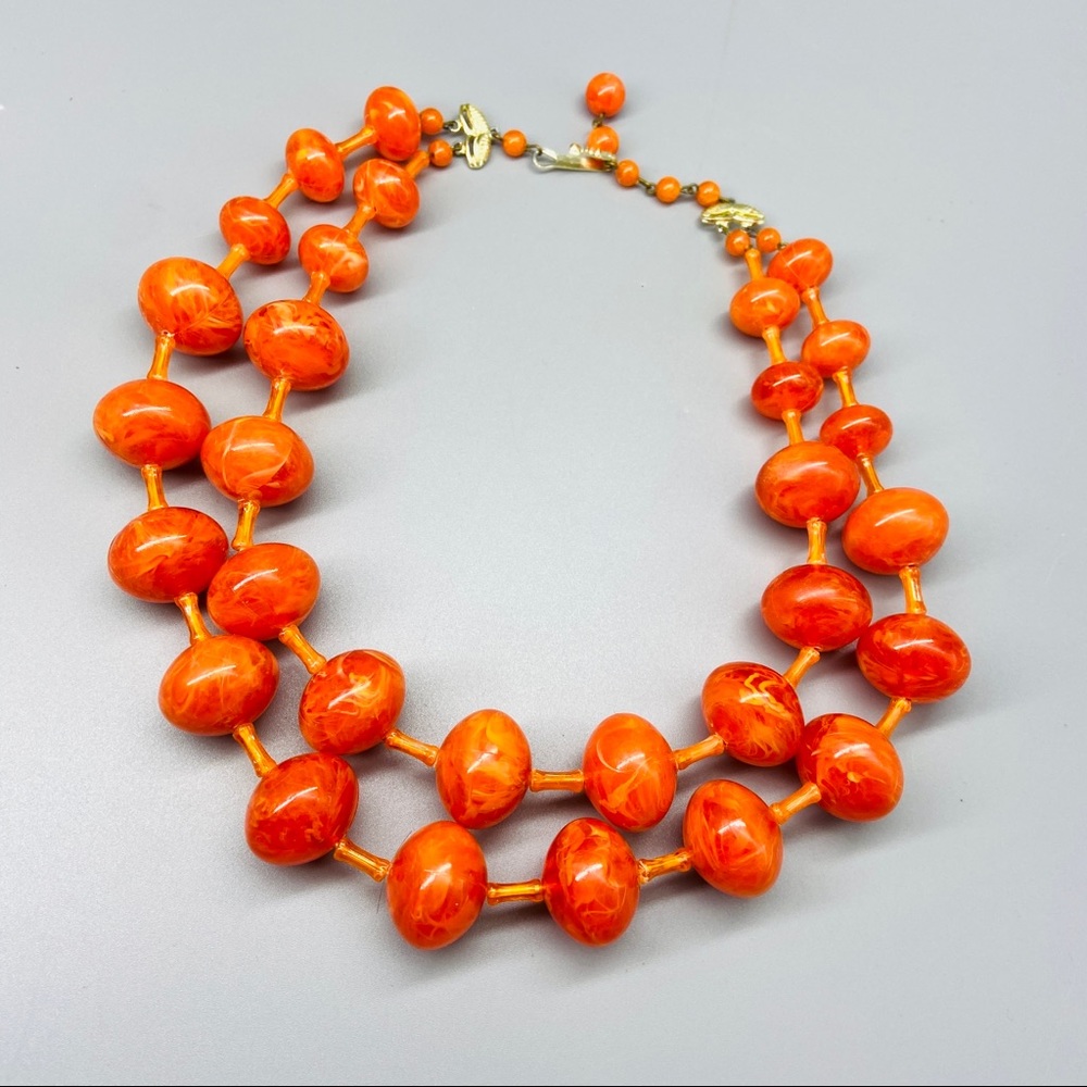 Vintage Art Deco Orange Acrylic Beaded Germany Necklace 2 Strand